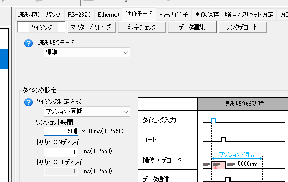 タイミング測定方式をワンショット同期に変更した設定画面