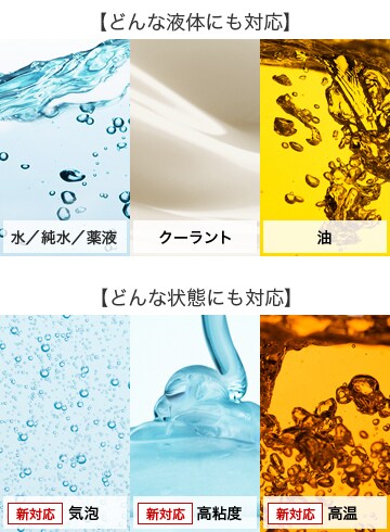 【どんな液体にも対応】水／純水／薬液、クーラント、油 | 【どんな状態にも対応】新対応 気泡、新対応 高粘度、新対応 高温