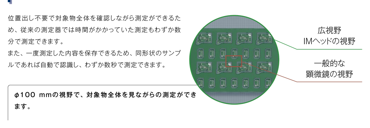 位置出し不要で対象物全体を確認しながら測定できるため、従来の測定器では時間がかかっていた測定もわずか数分で行えます。また、一度測定した内容を保存できるため、同形状のサンプルであれば自動認識し、わずか数秒で測定できます。⌀100 mmの視野で、対象物全体を見ながら測定できます。