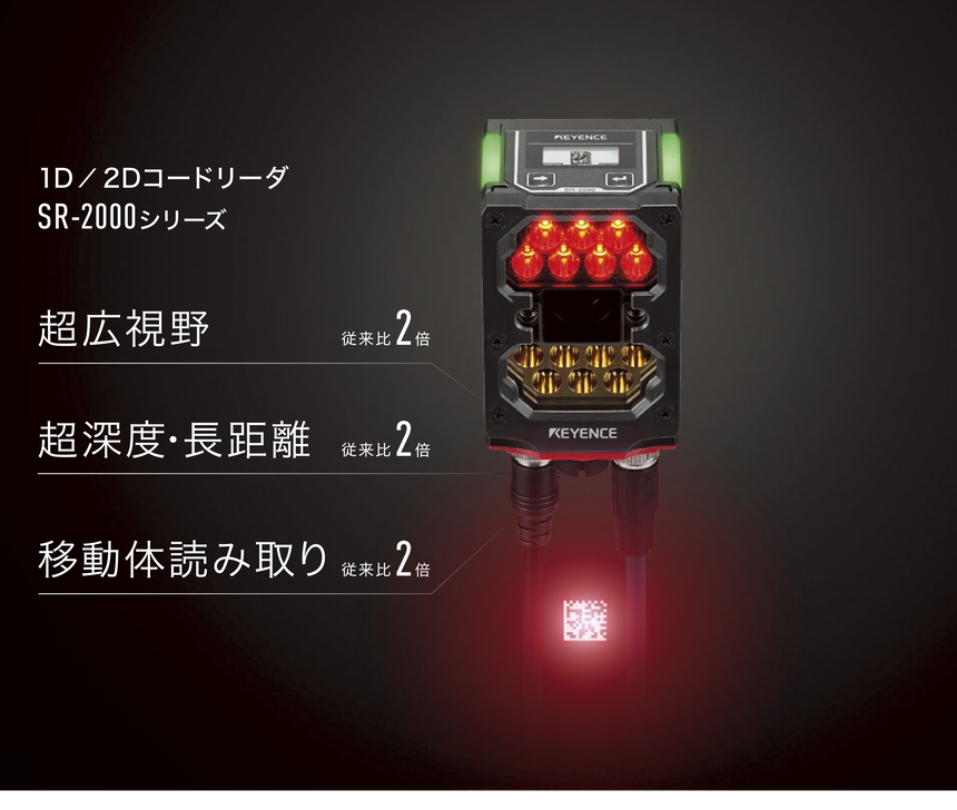 1D／2Dコードリーダ SR-2000シリーズ。超広視野 従来比2倍、超深度・長距離 従来比2倍、移動体読み取り 従来比2倍で、離れた位置からコードに光を当てて読み取る