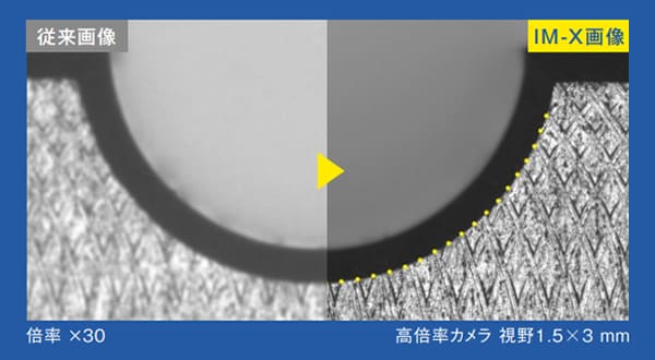 従来画像(倍率×30)ではぼやけていた対象物表面の切削痕が、高倍率カメラ(視野1.5×3 mm)のIM-X画像でははっきり確認できる