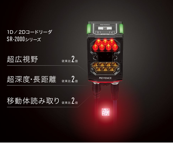 1D／2Dコードリーダ SR-2000シリーズ。超広視野／超深度・長距離／移動体読み取りは、いずれも従来比2倍