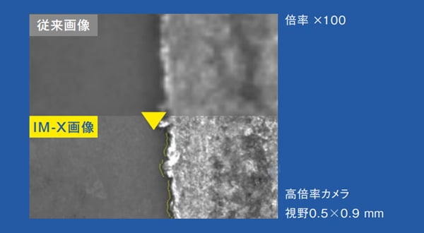 従来画像(倍率×100)では粗かった電極部の境界が、高倍率カメラ(視野0.5×0.9 mm)のIM-X画像でははっきり確認できる