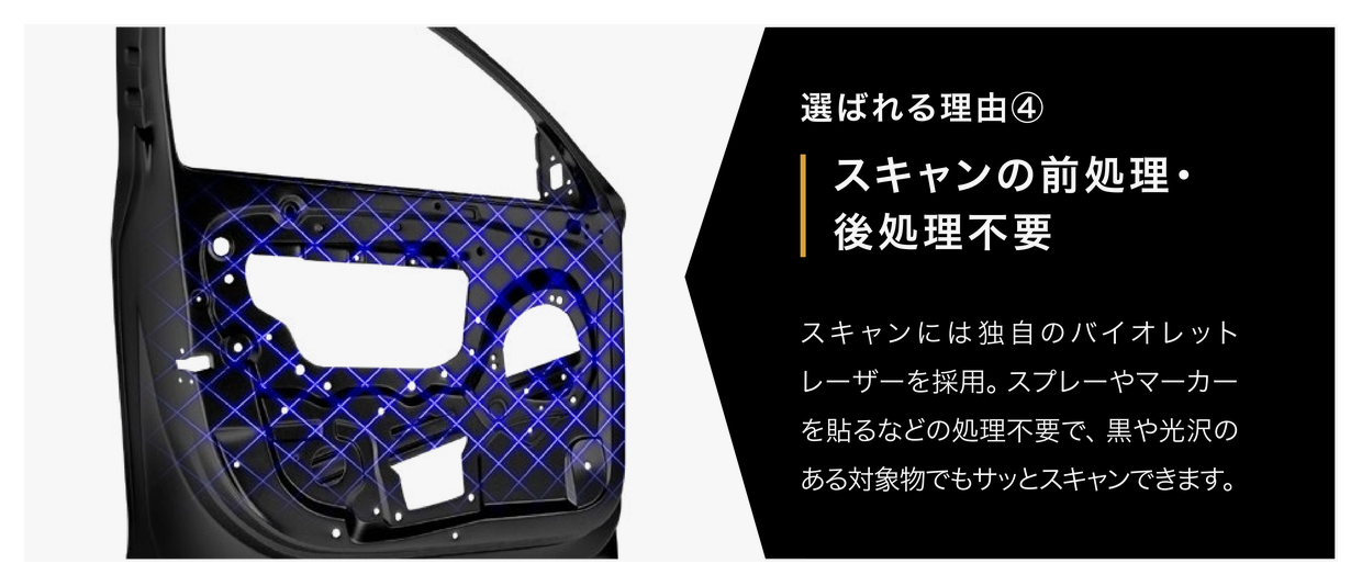 選ばれる理由④　スキャンの前処理・後処理不要。スキャンには独自のバイオレットレーザーを採用。スプレーやマーカーを貼るなどの処理不要で、黒や光沢のある対象物でもサッとスキャンできます。