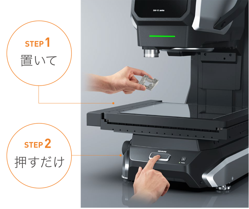 STEP1 置いて: ワークをステージに載せる。STEP2 押すだけ: 測定ボタンを指で押す
