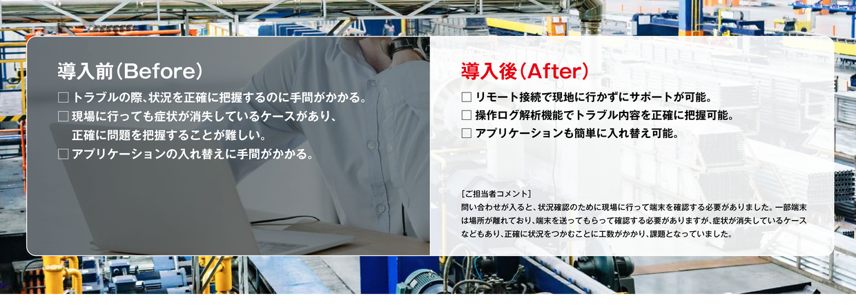 導入前: トラブル時の状況把握に手間がかかり、現場でも症状が消失し正確な把握が難しい、アプリの入れ替えにも手間。導入後: リモート接続で現地に行かずサポート可能、操作ログ解析で内容を正確に把握、アプリケーションも簡単に入れ替え可能。