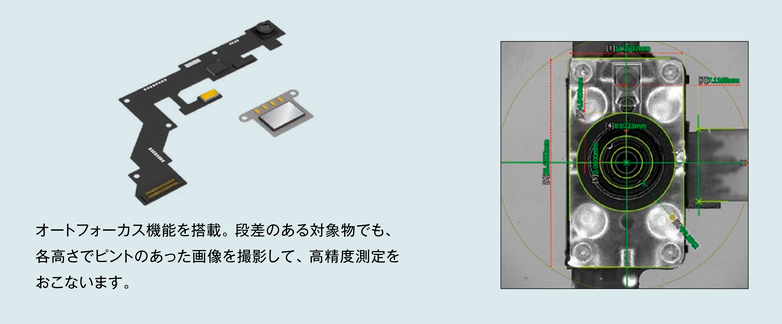 オートフォーカス機能を搭載。段差のある対象物でも、各高さでピントのあった画像を撮影して、高精度測定をおこないます。