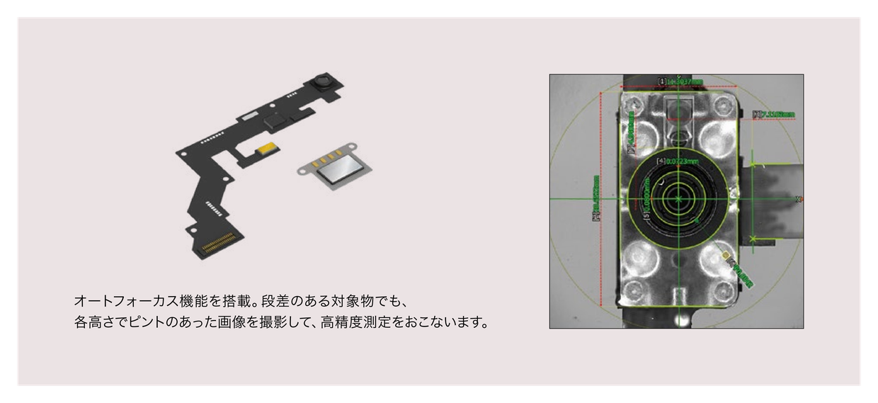 オートフォーカス機能を搭載。段差のある対象物でも、各高さでピントのあった画像を撮影して、高精度測定をおこないます。