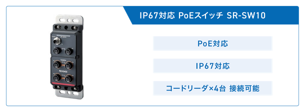 IP67対応 PoEスイッチ SR-SW10。PoE対応、IP67対応、コードリーダ×4台 接続可能