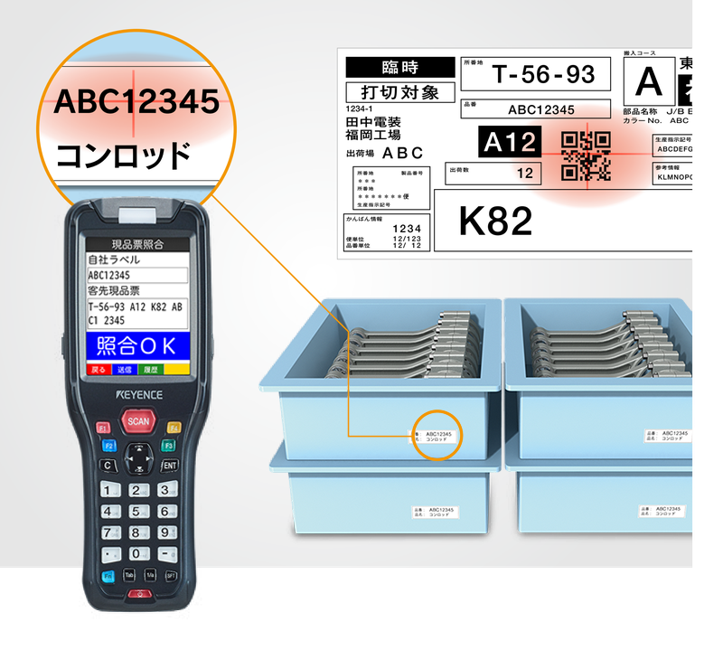 品番ABC12345・品名コンロッドのラベルをスキャンすると、ハンディターミナルの画面に照合OKと表示される