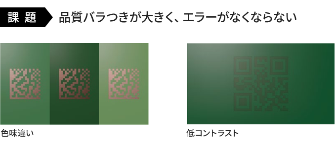 課題:品質バラつきが大きく、エラーがなくならない。色味違いのコード3例と低コントラストのコード1例