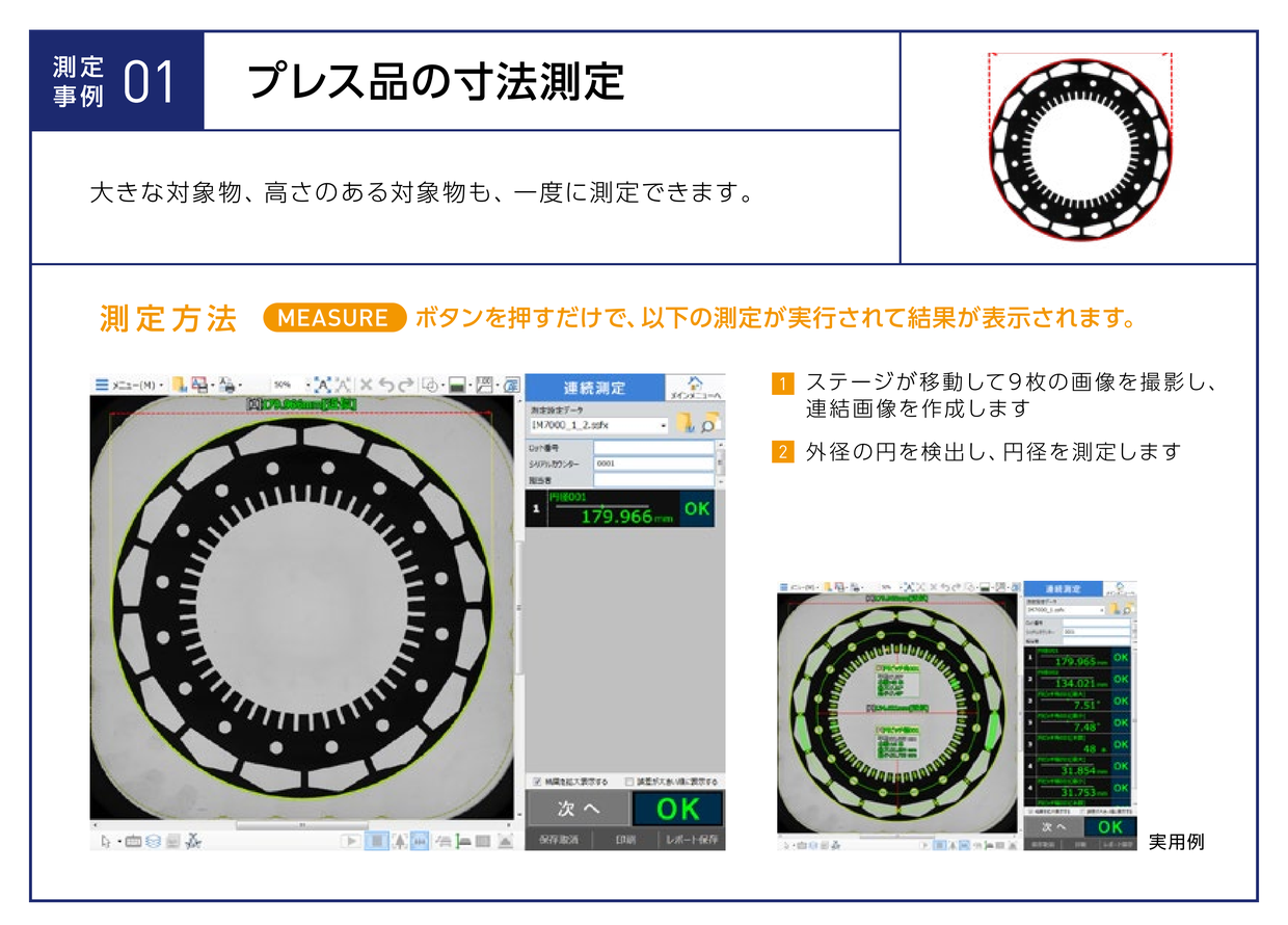 測定事例01 プレス品の寸法測定。大きな対象物、高さのある対象物も一度に測定できる。MEASUREボタンを押すだけで、ステージが移動して9枚の画像を撮影して連結画像を作成し、外径の円を検出して円径を測定した結果が表示される