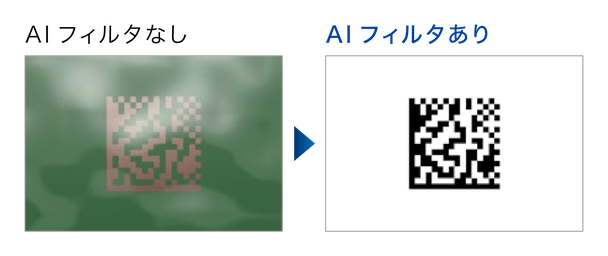 AIフィルタなし:コードが白くまだらな塗布ムラに埋もれ判別できない。AIフィルタあり:コードが黒地に白く鮮明に浮き上がる