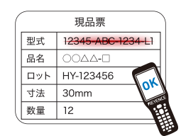 現品票の型式欄をスキャンの光でなぞって文字を読み取る