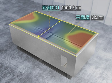 制御板篏合部の実機写真に、平面度の分布を示すカラーマップと測定値ラベルを重ねて表示