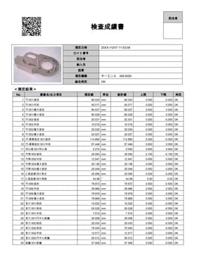 測定項目・基準値・実測値・判定を1行ずつ並べた検査成績書。総合判定はOK