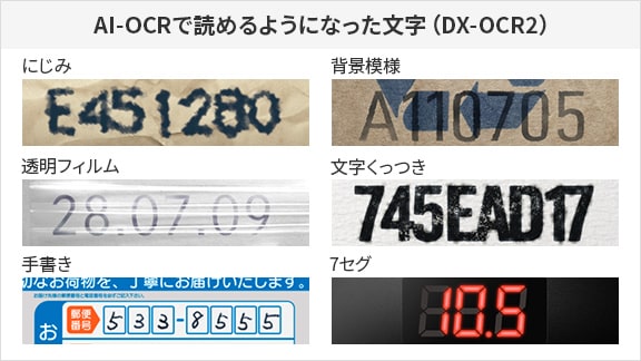 AI-OCRで読めるようになった文字（DX-OCR2）：にじみ / 背景模様 / 透明フィルム / 文字くっつき / 手書き / 7セグ