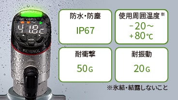 防水・防塵 IP67 使用周囲温度※氷結・結露しないこと -20～+80℃ 耐衝撃 50G 耐振動 20G