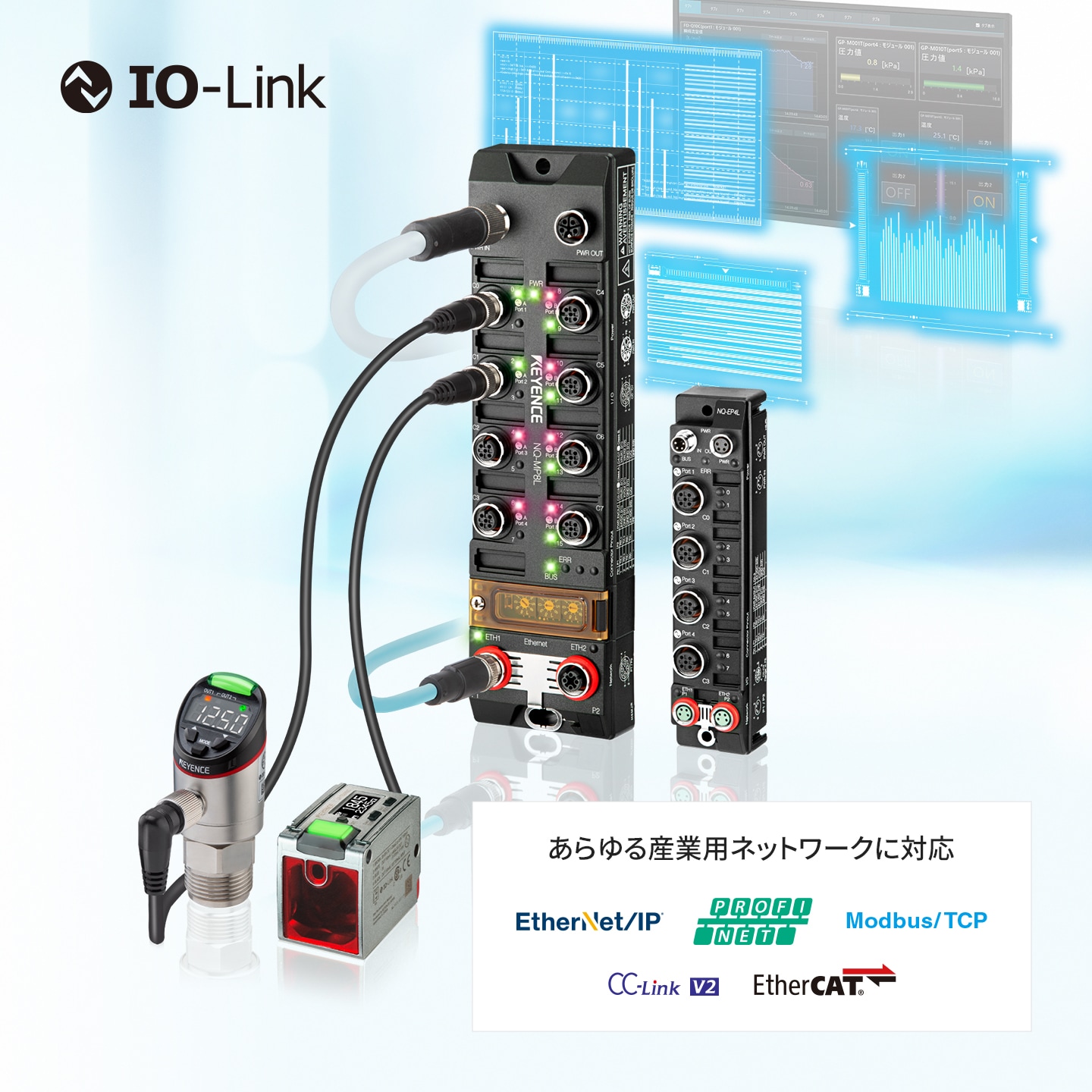 IO-Link あらゆる産業用ネットワークに対応：EtherNet/IP,PROFINET,Modbus/TCP,CC-Link V2,EtherCAT