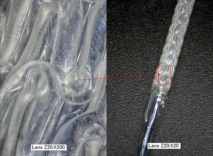 生体吸収性ステントの拡大画像（左：×200 ／ 右：×20）