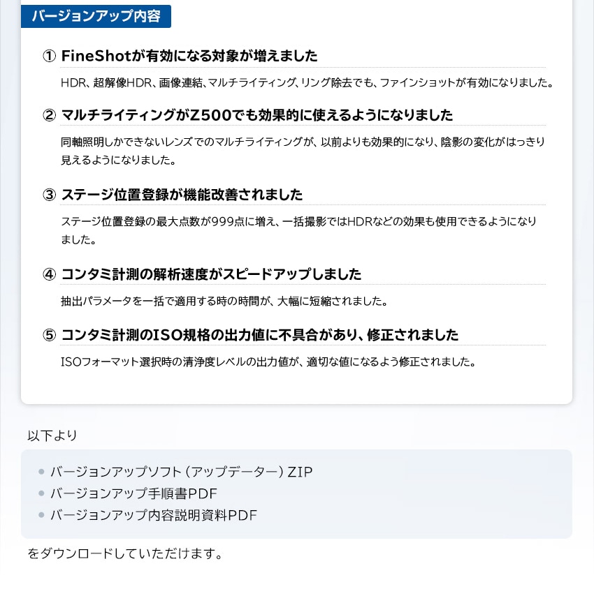 バージョンアップ内容　1. FineShotが有効になる対象が増えました。　2. マルチライティングがZ500でも効果的に使えるようになりました。　3. ステージ位置登録が機能改善されました。　4. コンタミ計測の解析速度がスピードアップしました。　5. コンタミ計測のISO規格の出力値に不具合があり、修正されました。