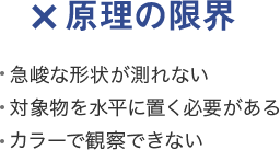 ×原理の限界 急峻な形状が測れない 対象物を水平に置く必要がある カラーで観察できない