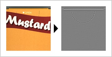 印刷されたパッケージのミシン目有無検査：形状（凹凸）のみをとらえるため、背景に柄があっても抽出・検査可能です。