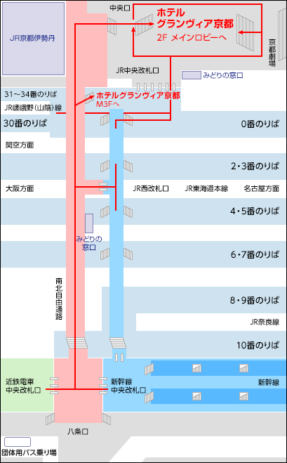 地図：JR京都駅、近鉄京都駅、新幹線京都駅からお越しの方